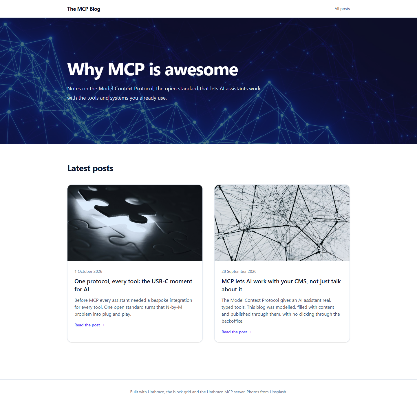Sonnet 5.5's blog front page with a dark hero and two post cards