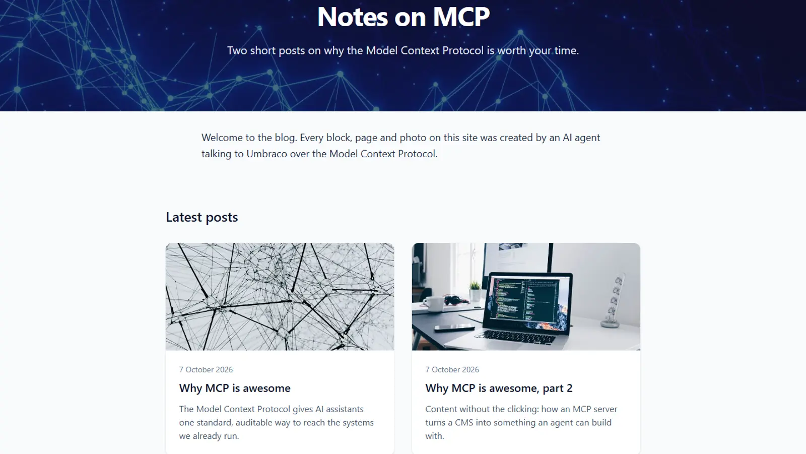 Haiku 5.5's blog front page with a hero and two post cards