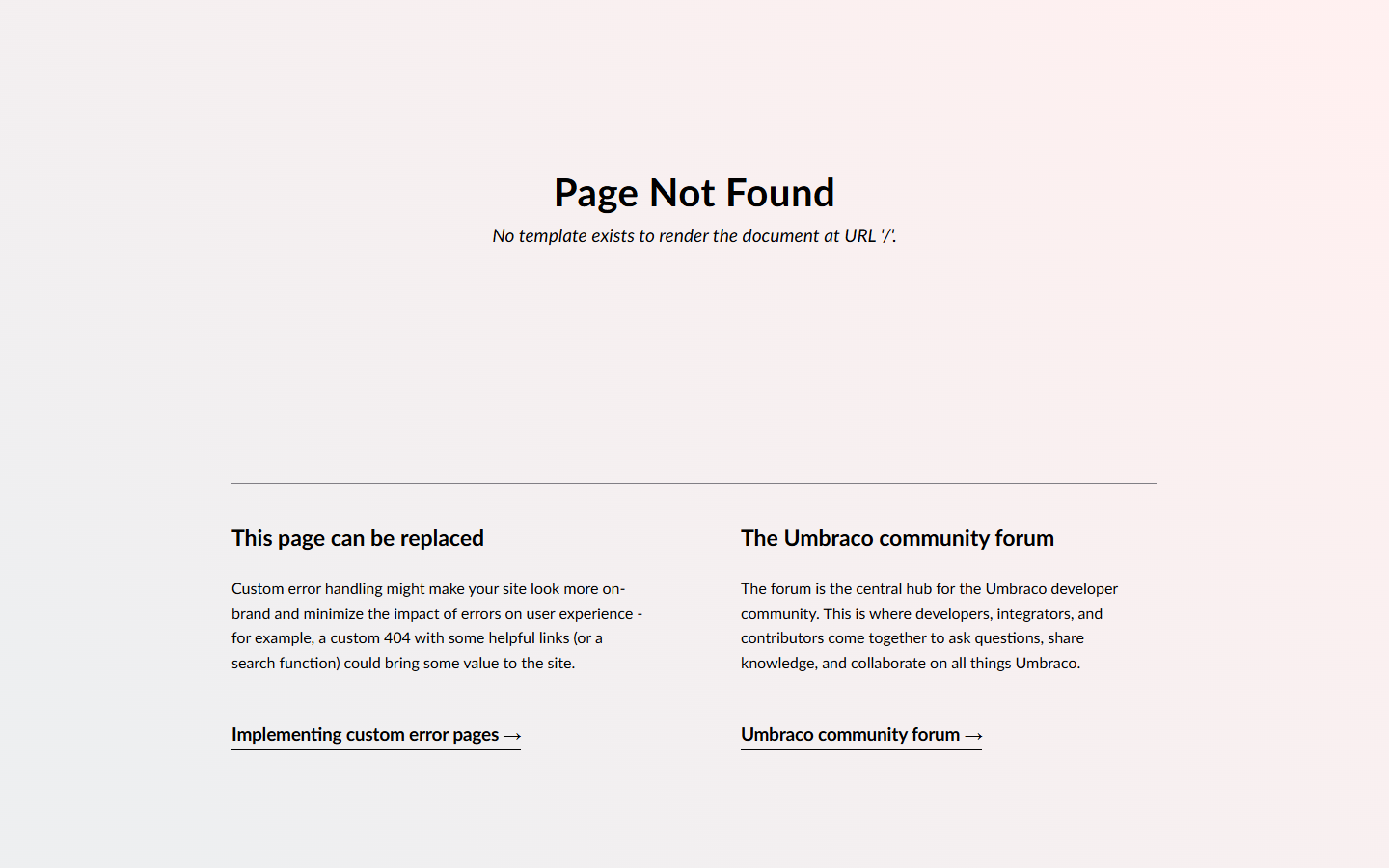 Umbraco's Page Not Found screen saying no template exists for the front page