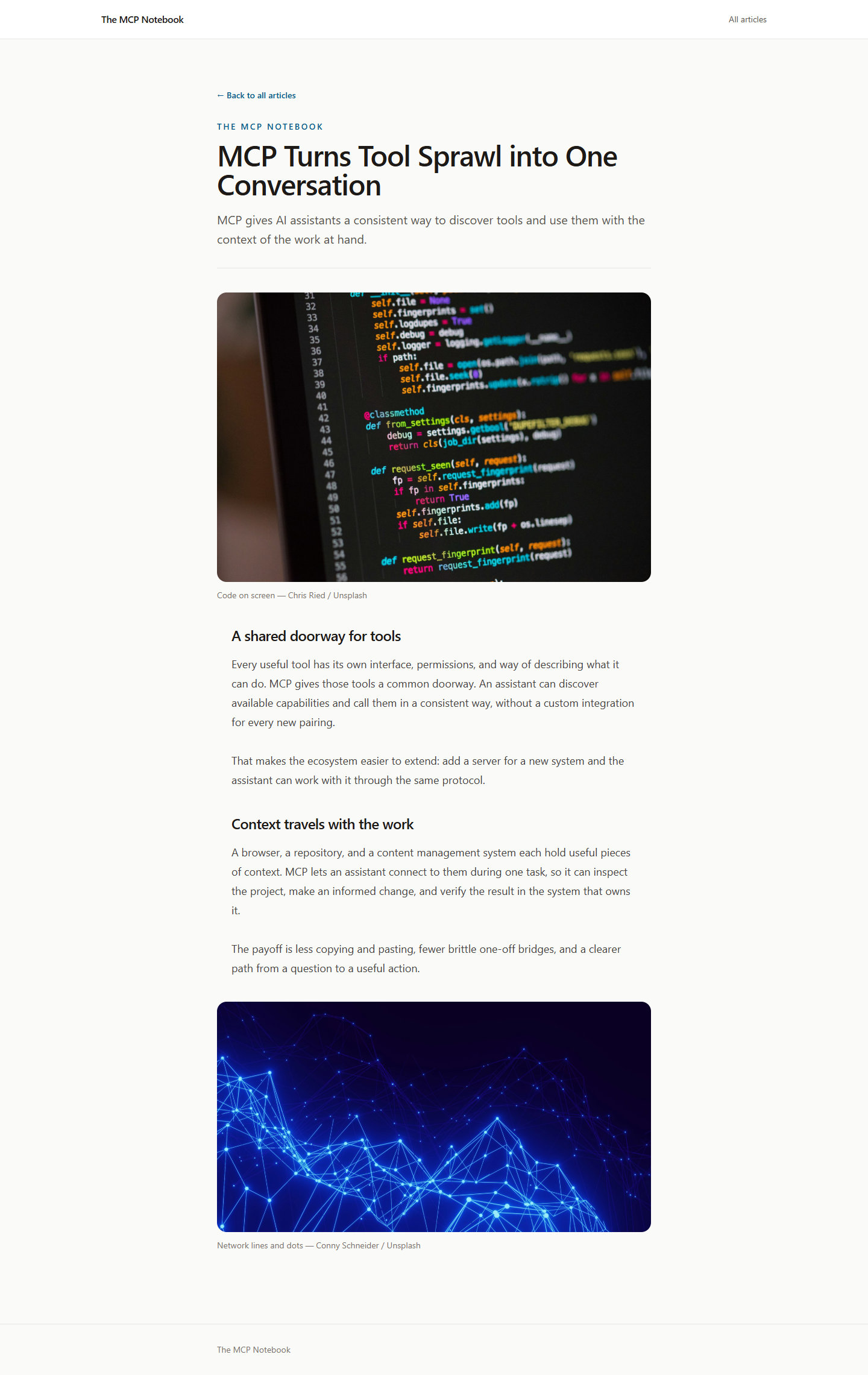 A clean, minimal blog post by GPT-6-Luna titled "MCP Turns Tool Sprawl into One Conversation"