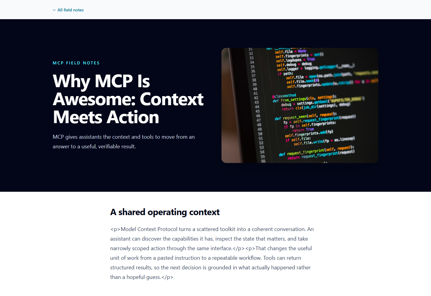 A blog post whose body text shows literal HTML paragraph tags